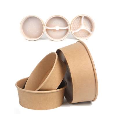 Kraft Paper Salad Bowl with Plastic Paper Lid inside Compartments Layers