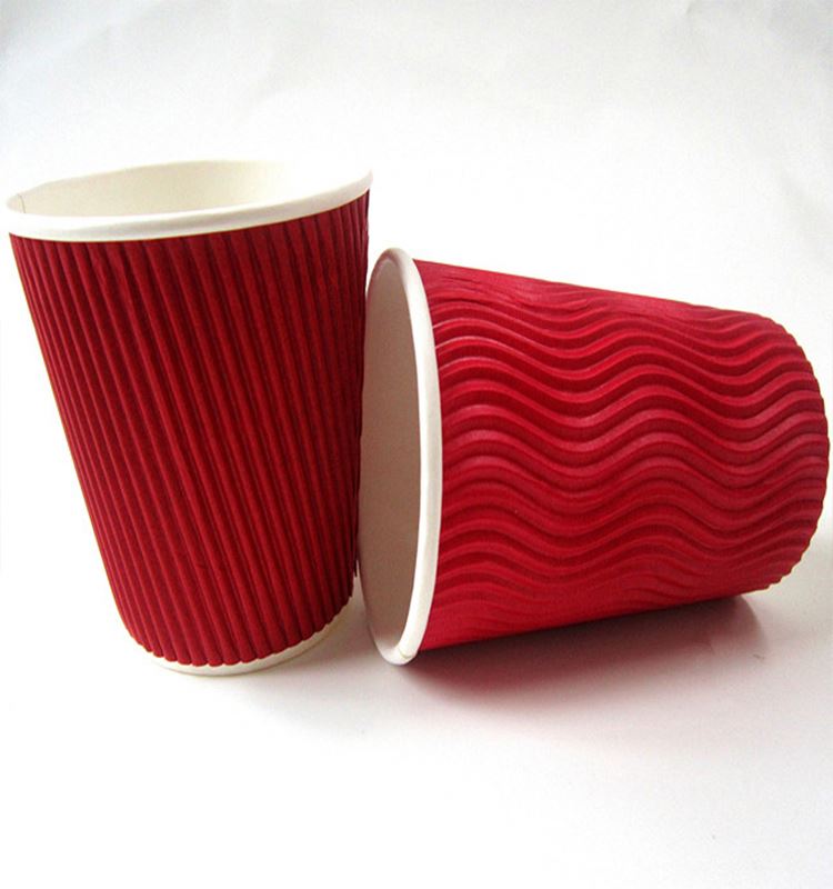 12oz Disposable Red Thread Hot Coffee Ripple Wall Paper Cup With Lid