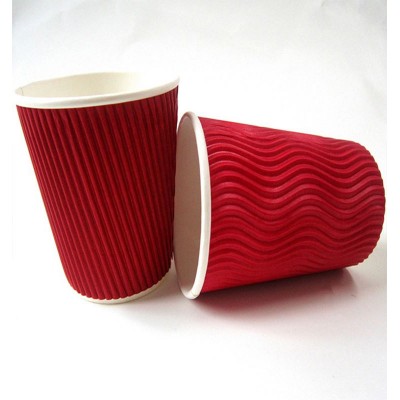 12oz Disposable Red Thread Hot Coffee Ripple Wall Paper Cup With Lid